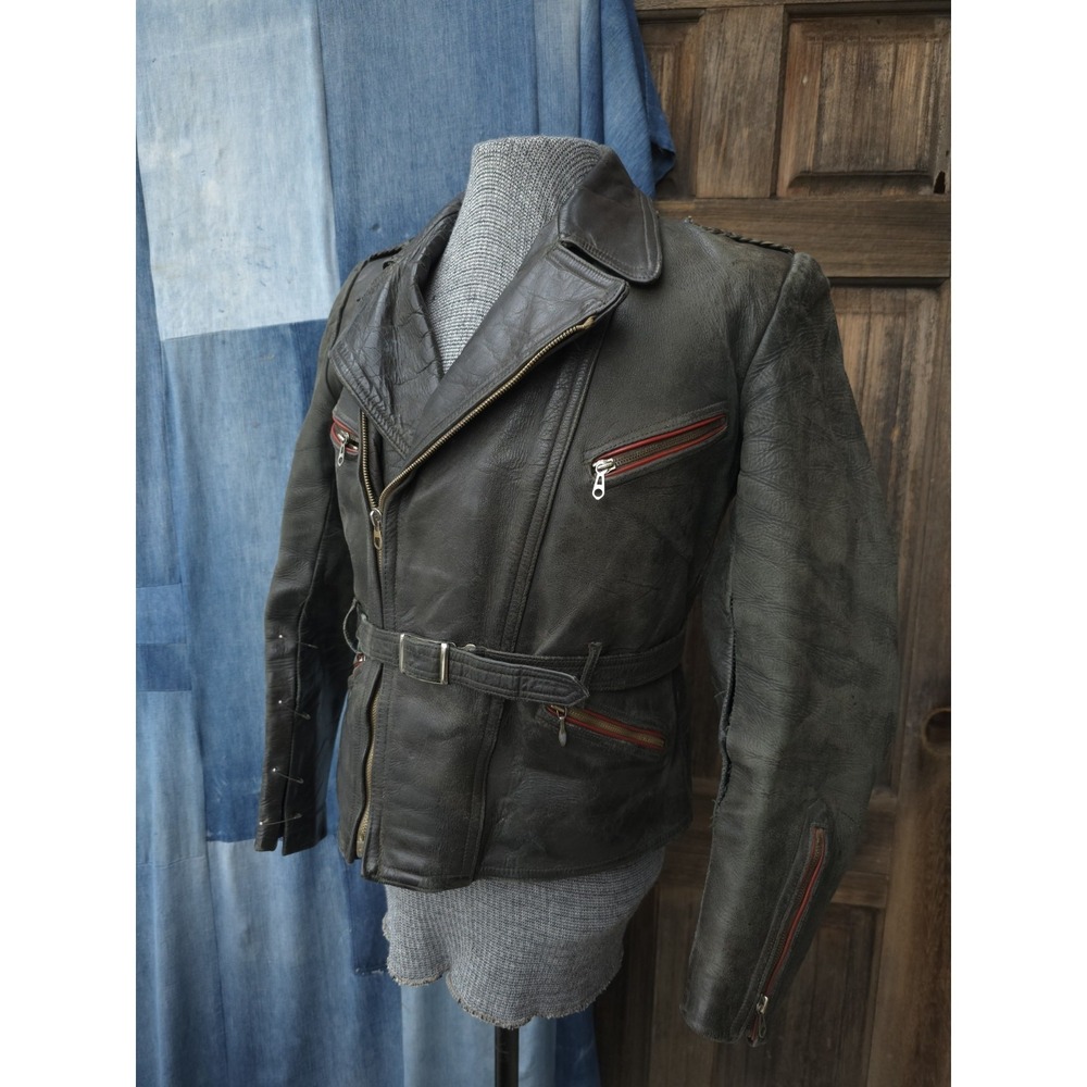 Vintage 1950s Haelson German Black Leather Motorcycle Jacket S